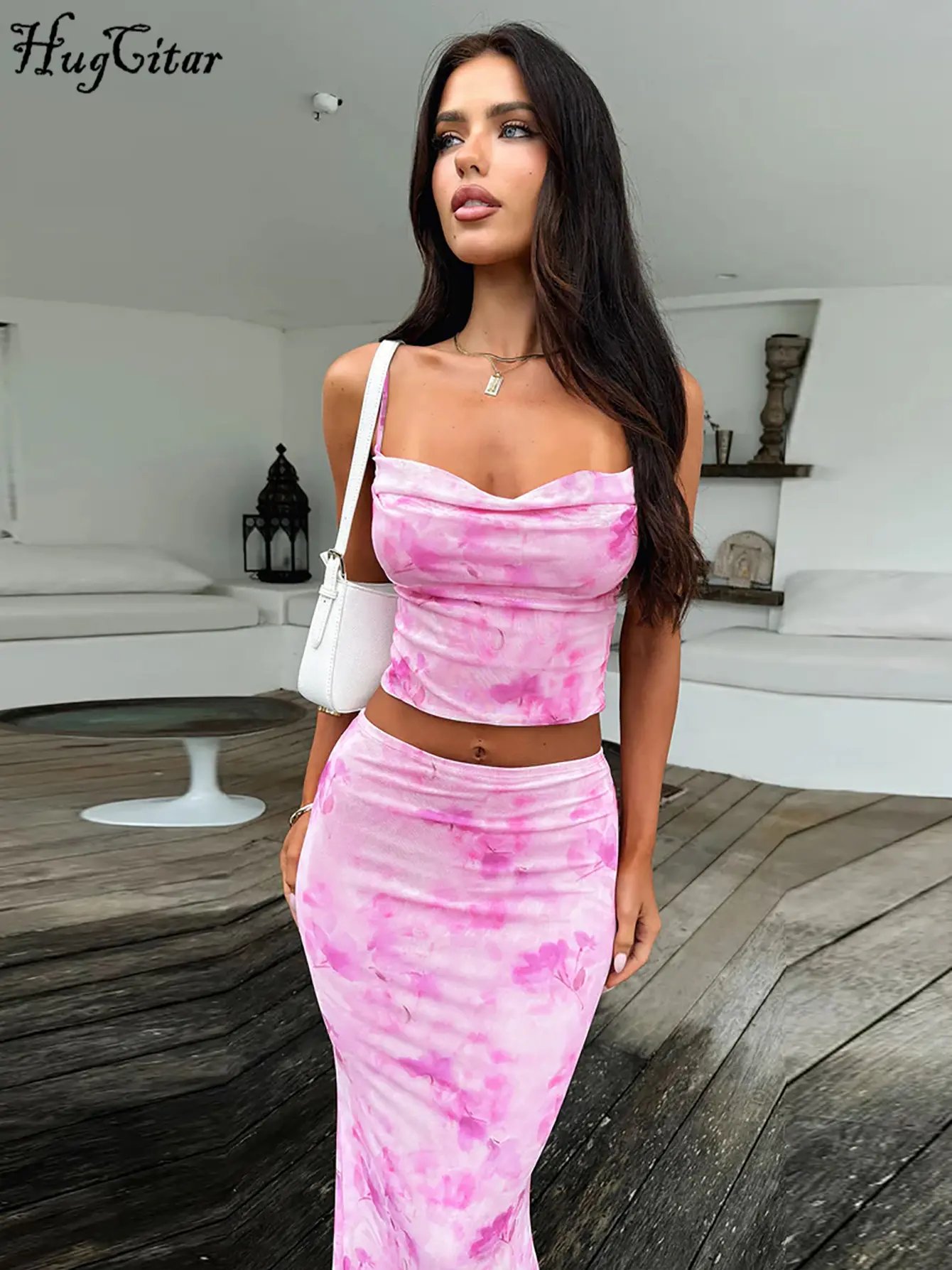 Hugcitar Fashion 2 Pcs Sets Tye Die Slips Ruched Sexy Crop Camis Top Maxi Skirt Women Casual Outfits Festival Birthday Party