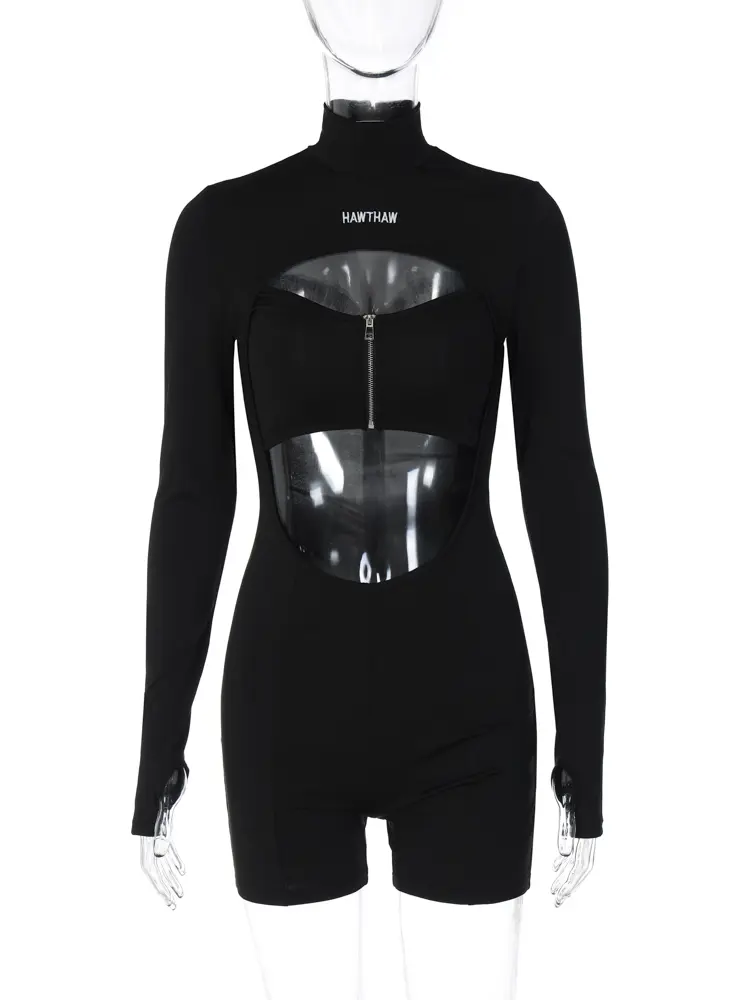 Hugcitar Turtleneck Long Sleeves Letter Print Zip Up Hollow Out Sexy Bodycon Playsuit 2024 Fall Casual Romper Women Streetwear