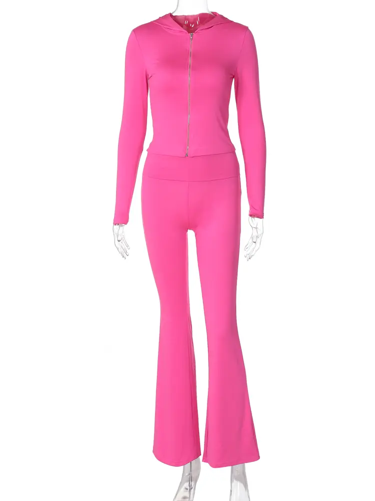 Hugcitar 2024 Casual 2 Pcs Sets Solid Hoodies Long Sleeve Zipper Crop Top Flare Pants Women Fashion Outfits Vacation Sport Gym