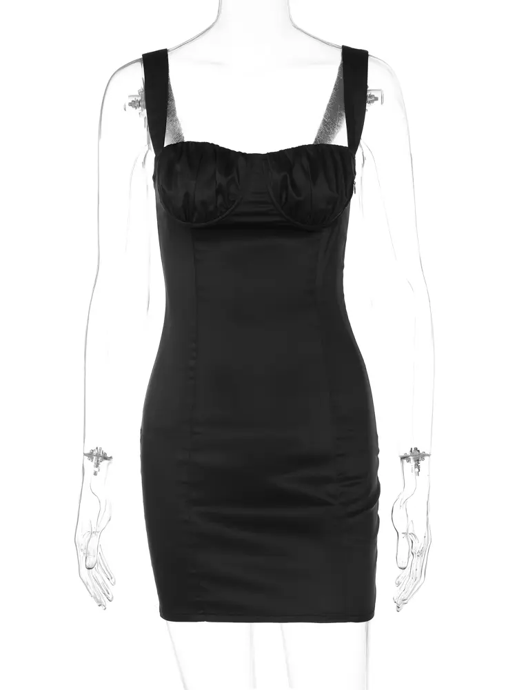 Hugcitar Elegant Solid Straps Backless Ruched Zip Up Sexy Slim Mini Prom Dress Summer Women Y2K Clothes Wedding Birthday Party