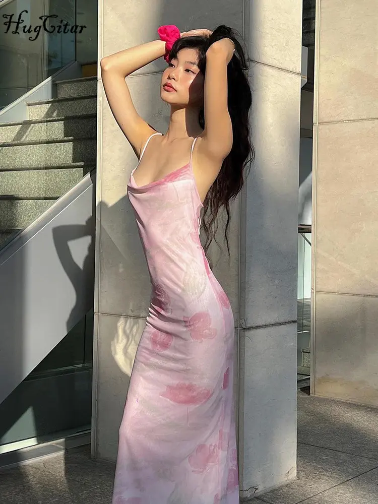 Hugcitar Women Elegant Print Slips Backless Lcae Up Sexy Bodycon Maxi Dress Summer Y2K Clothes Birthday Party Vacation Sundress