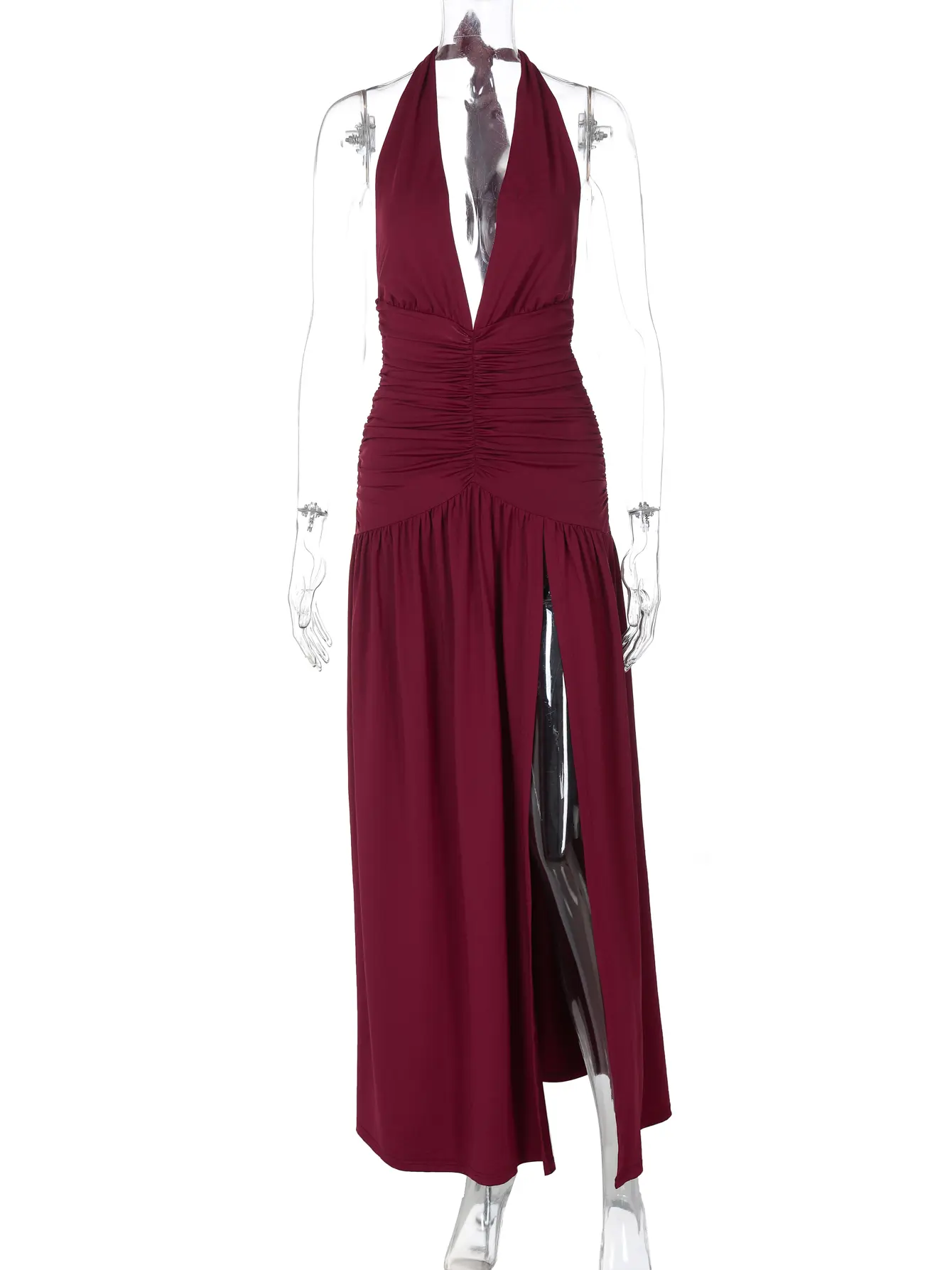Hugcitar Solid Halter V Neck Backless Draped Slit Sexy Bodycon Maxi Prom Dress 2025 Spring Women Elegant Outfits Party Festival