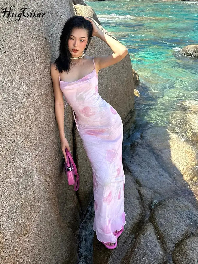 Hugcitar Women Elegant Print Slips Backless Lcae Up Sexy Bodycon Maxi Dress Summer Y2K Clothes Birthday Party Vacation Sundress
