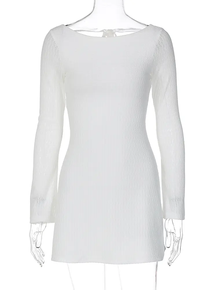 Hugcitar 2024 Fall Solid Long Flare Sleeve Backless Lace Up Sexy Bodycon Mini Dress Women Elegant Y2K Outfits Party Festival