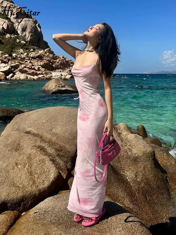 Hugcitar Women Elegant Print Slips Backless Lcae Up Sexy Bodycon Maxi Dress Summer Y2K Clothes Birthday Party Vacation Sundress