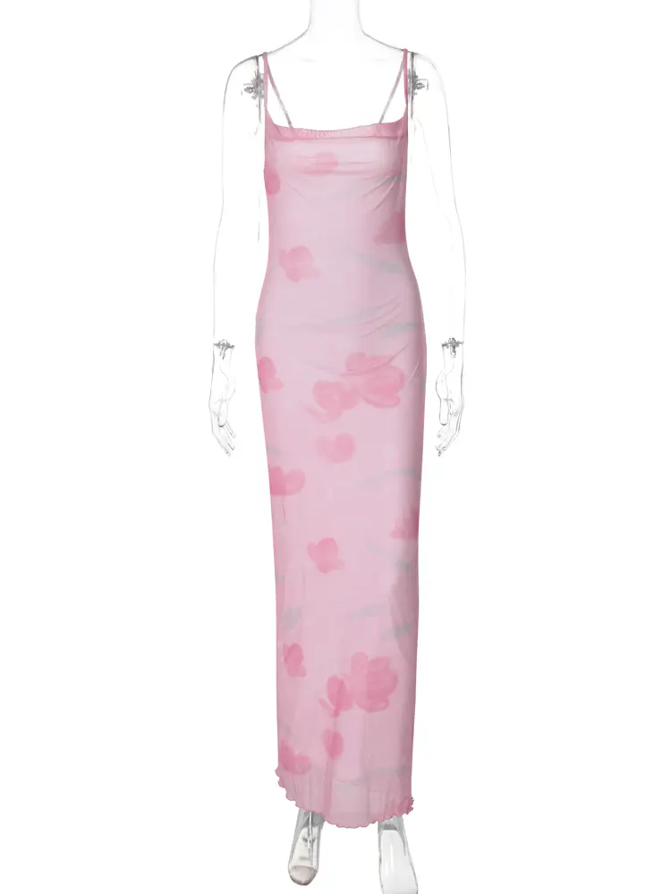 Hugcitar Women Elegant Print Slips Backless Lcae Up Sexy Bodycon Maxi Dress Summer Y2K Clothes Birthday Party Vacation Sundress