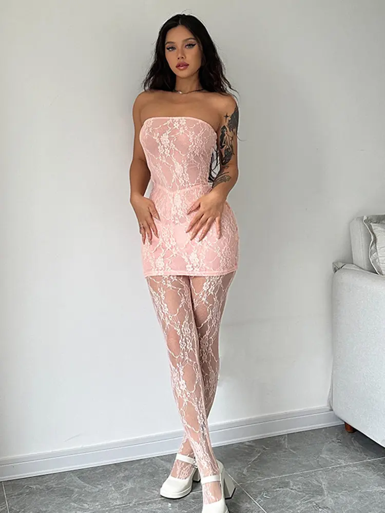 Hugcitar Mesh Strapless Flower Print Sexy Bodycon Mini Dress Foot Leggings 2 Piece Sets 2024 Fall Beach Vacation Y2K Clothes