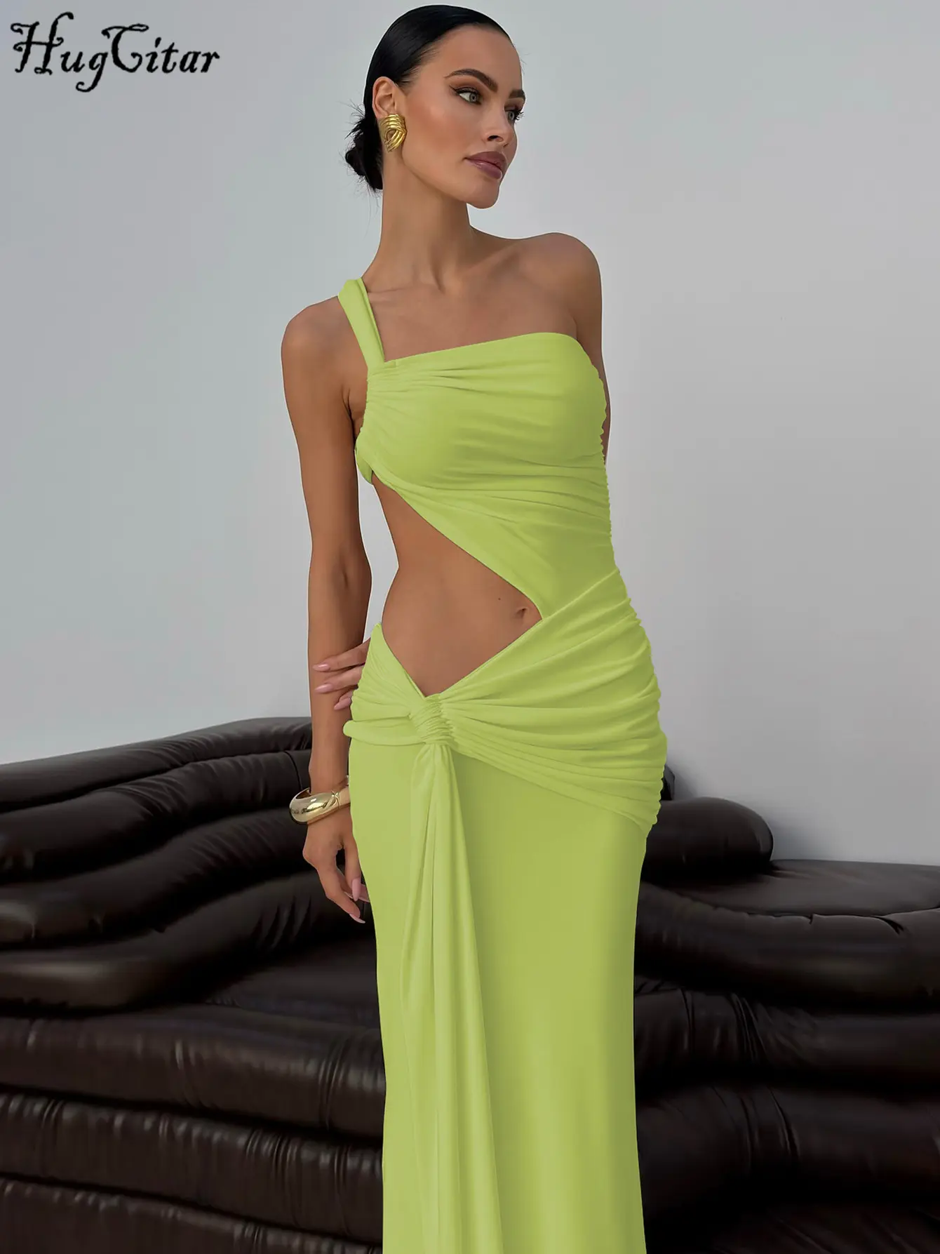 Hugcitar Women Fashion One Shoulder Strap Ruched Sexy Hollow Out Solid Shirring Maxi Dress Summer Party Clothes Vacation Club