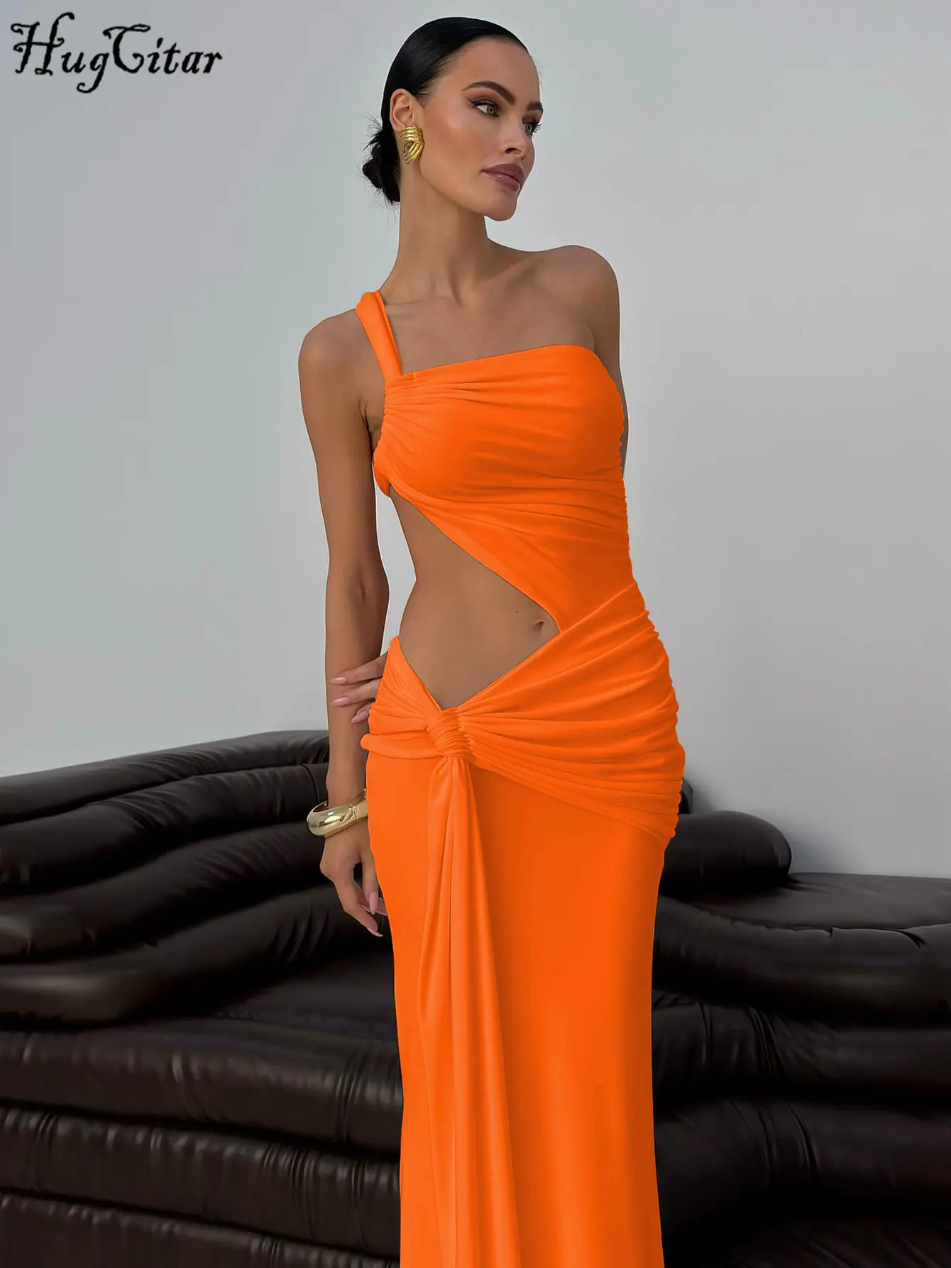 Hugcitar Women Fashion One Shoulder Strap Ruched Sexy Hollow Out Solid Shirring Maxi Dress Summer Party Clothes Vacation Club
