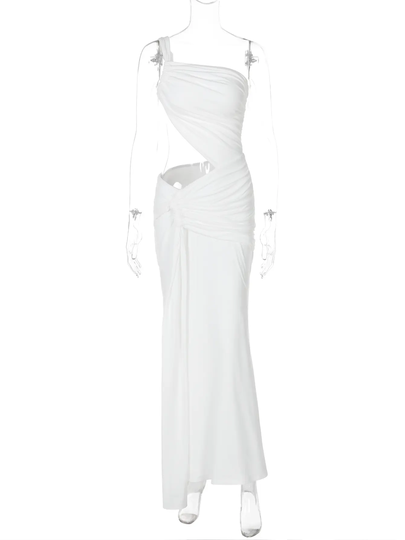 Hugcitar Women Fashion One Shoulder Strap Ruched Sexy Hollow Out Solid Shirring Maxi Dress Summer Party Clothes Vacation Club