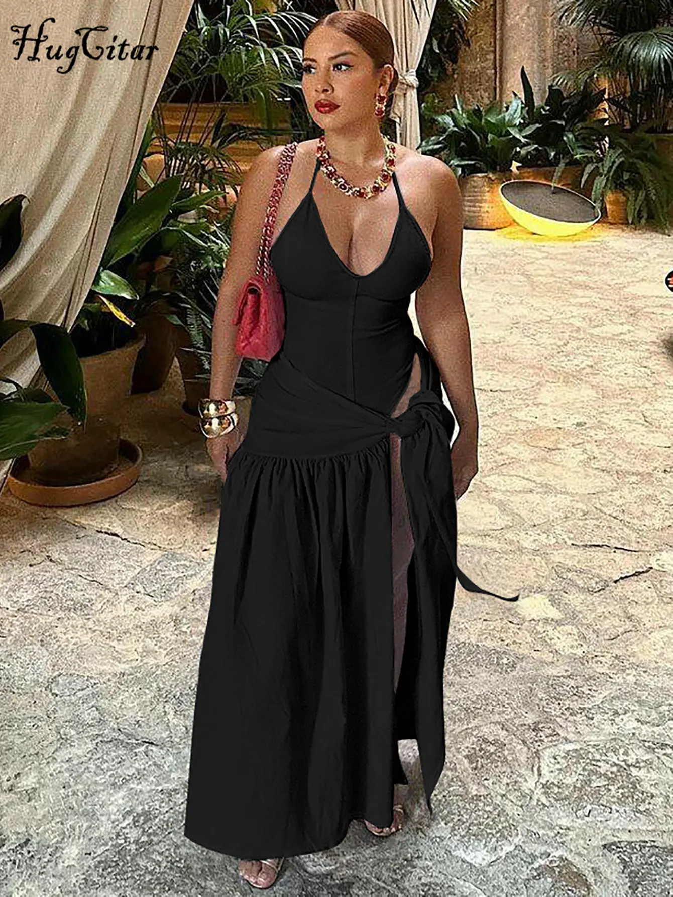 Hugcitar Fashion 2 Pcs Sets Solid Slips Backless Sexy Bodysuit Slit Bandage Ruched Maxi Skirt Women Outfits Streetwear Vacation