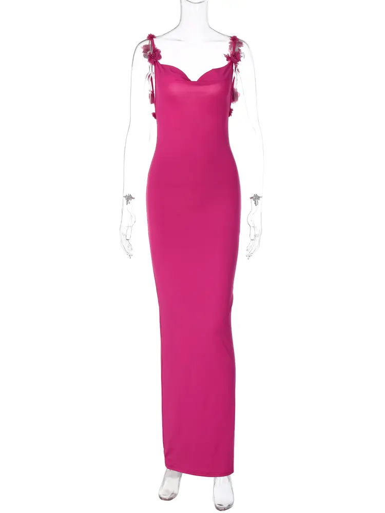 Hugcitar Satin Slip Tie Flowers Backless Sexy Bodycon Elegant Maxi Prom Dress 2023 Summer Women Wedding Party Vacation Clothes