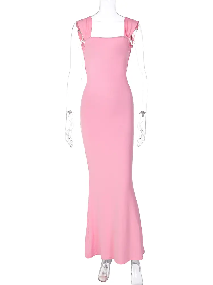 Hugcitar 2025 Elegant Pink Straps Backless Lace Up Cute Sexy Bodycon Maxi Prom Dress Summer Women Clothes Party Beach Festival