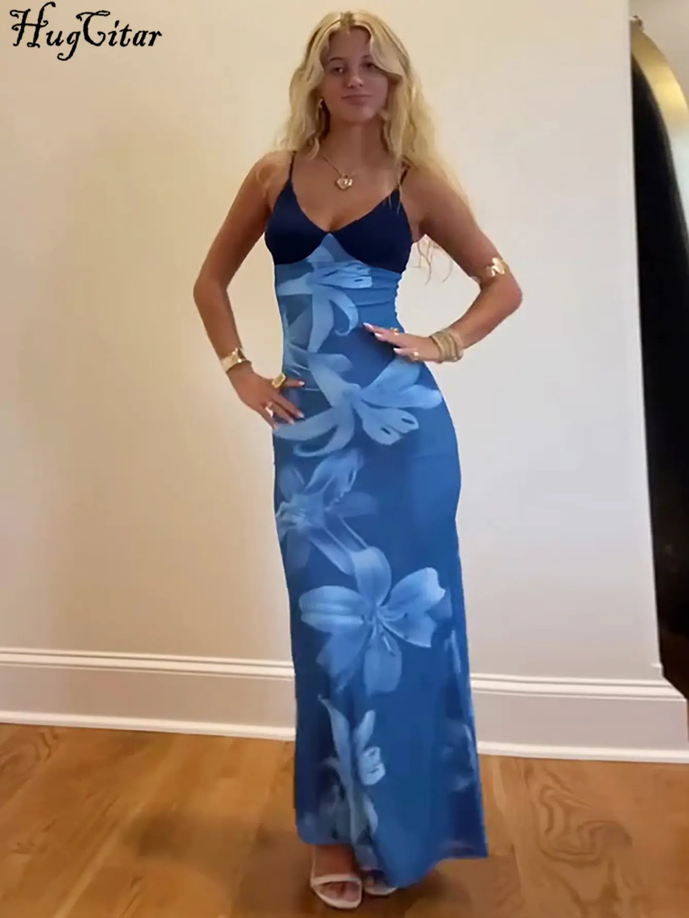 Hugcitar Women Elegant V Neck Floral Print Patchwork Slips Sexy Maxi Dress Summer Female Y2K Clothes Vacation Party Club