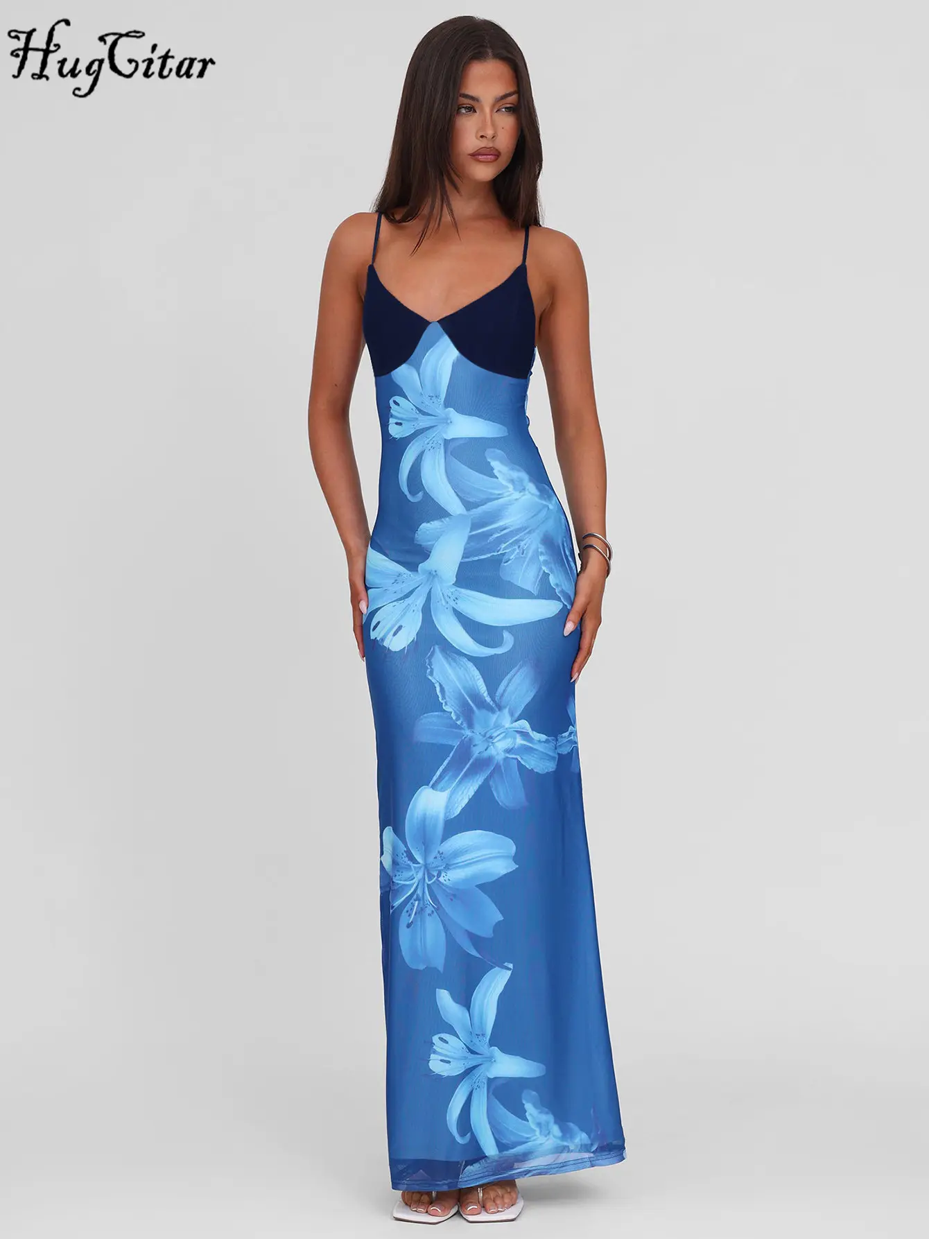 Hugcitar Women Elegant V Neck Floral Print Patchwork Slips Sexy Maxi Dress Summer Female Y2K Clothes Vacation Party Club