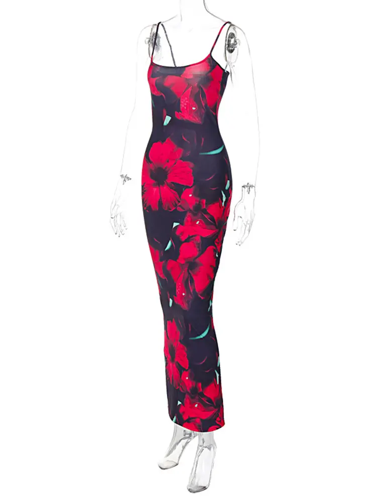Hugcitar 2024 Fashion Flower Print Sleeveless Slips Sexy Slim Maxi Dress Summer Women Y2K Clothes Birthday Party Beach Festival