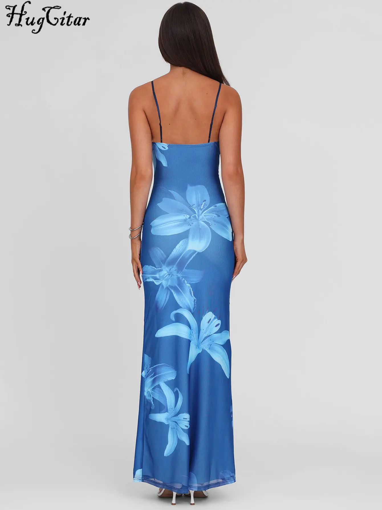 Hugcitar Women Elegant V Neck Floral Print Patchwork Slips Sexy Maxi Dress Summer Female Y2K Clothes Vacation Party Club