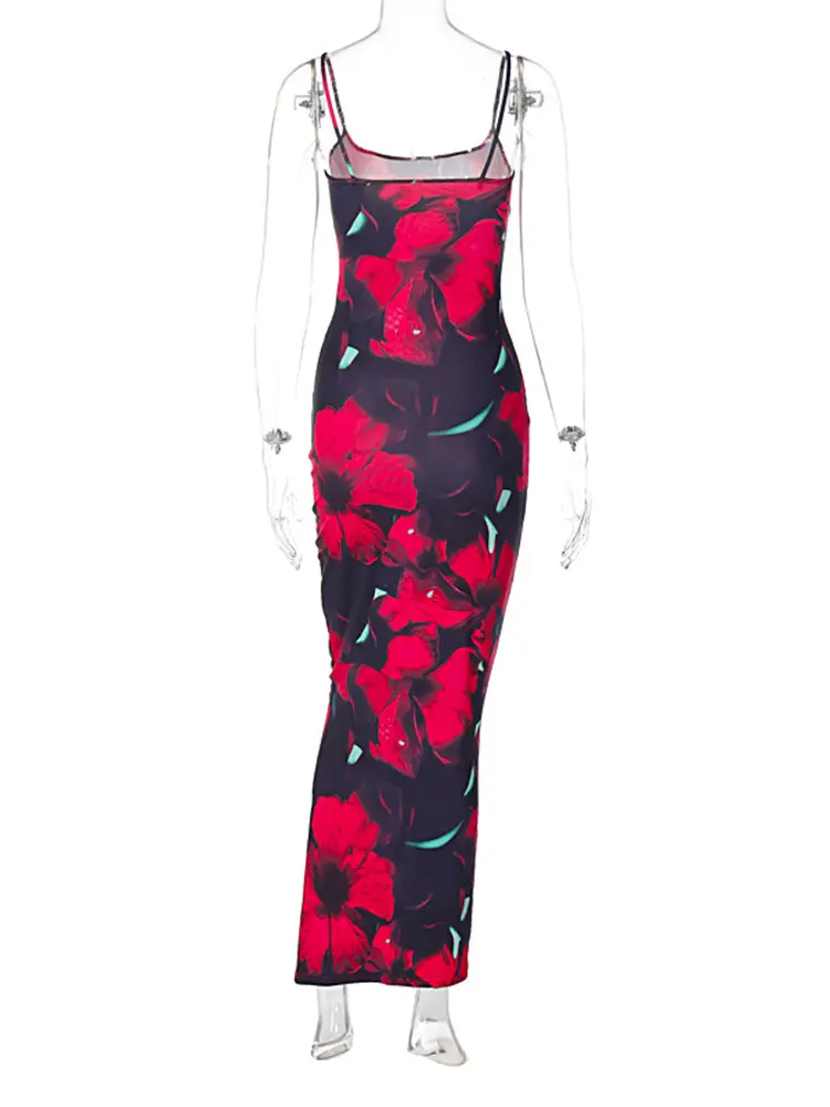 Hugcitar 2024 Fashion Flower Print Sleeveless Slips Sexy Slim Maxi Dress Summer Women Y2K Clothes Birthday Party Beach Festival