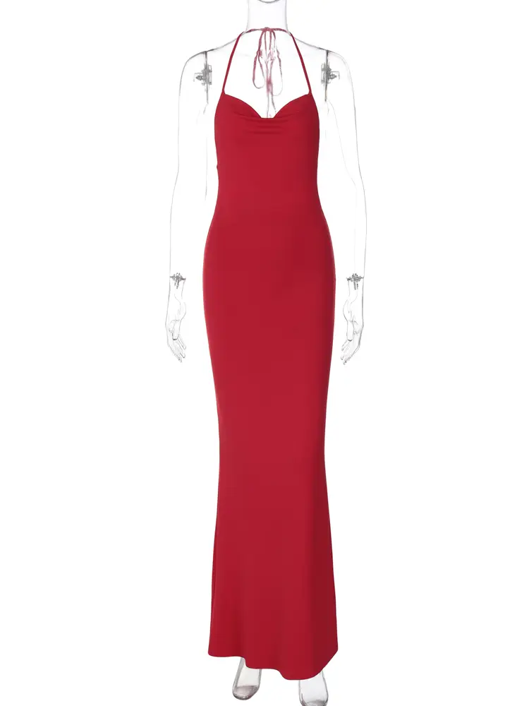 Hugcitar Elegant Halter Sleeveless Backless Solid Lace Up Sexy Slim Prom Dress 2025 Summer Women Outfits Birthday Party Festival