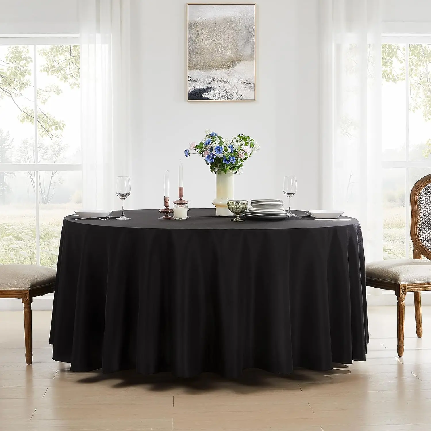 Round Tablecloth 132 Inch 6 Pack Black Tablecloths Washable Decorative Linen Polyester Table Clothes Cover for Dining Table