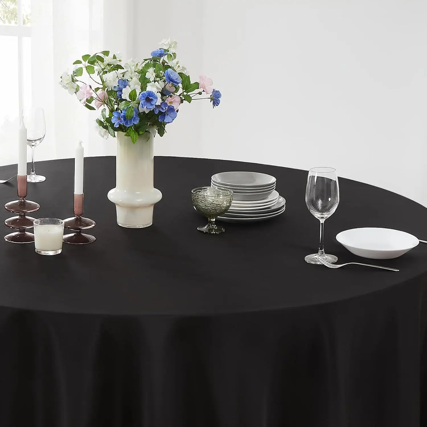 Round Tablecloth 132 Inch 6 Pack Black Tablecloths Washable Decorative Linen Polyester Table Clothes Cover for Dining Table