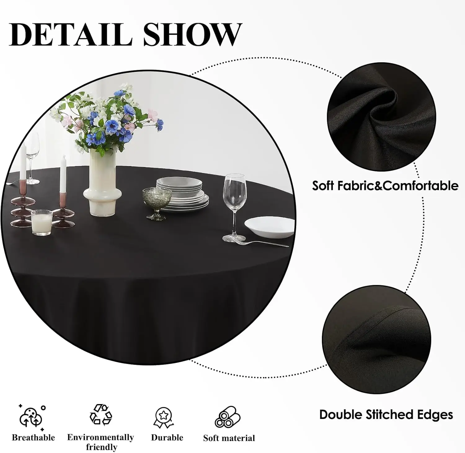 Round Tablecloth 132 Inch 6 Pack Black Tablecloths Washable Decorative Linen Polyester Table Clothes Cover for Dining Table