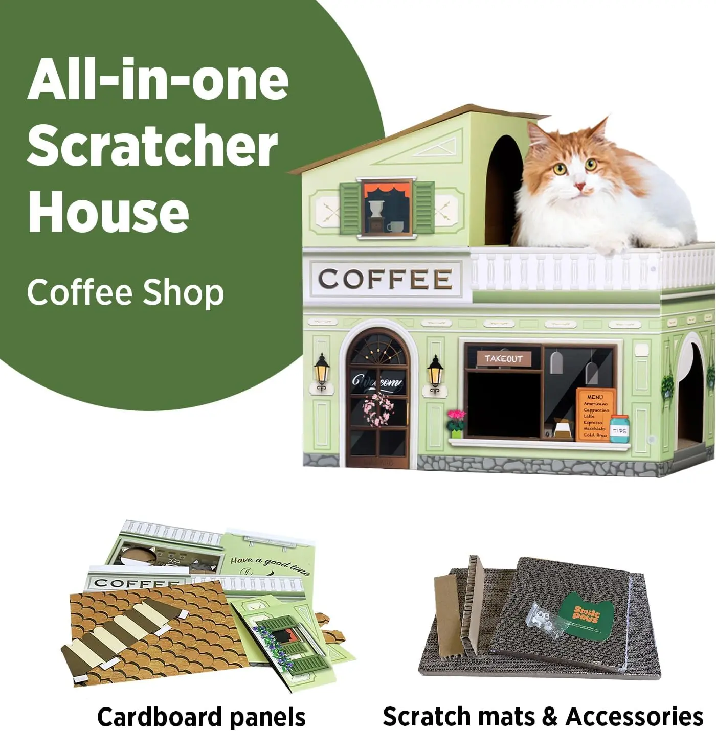 Cat Beds for Indoor Cats, Cardboard Cat House with Scratchers, Coffee Shop, Large Sturdy Cat Furniture Condo Cave Tent