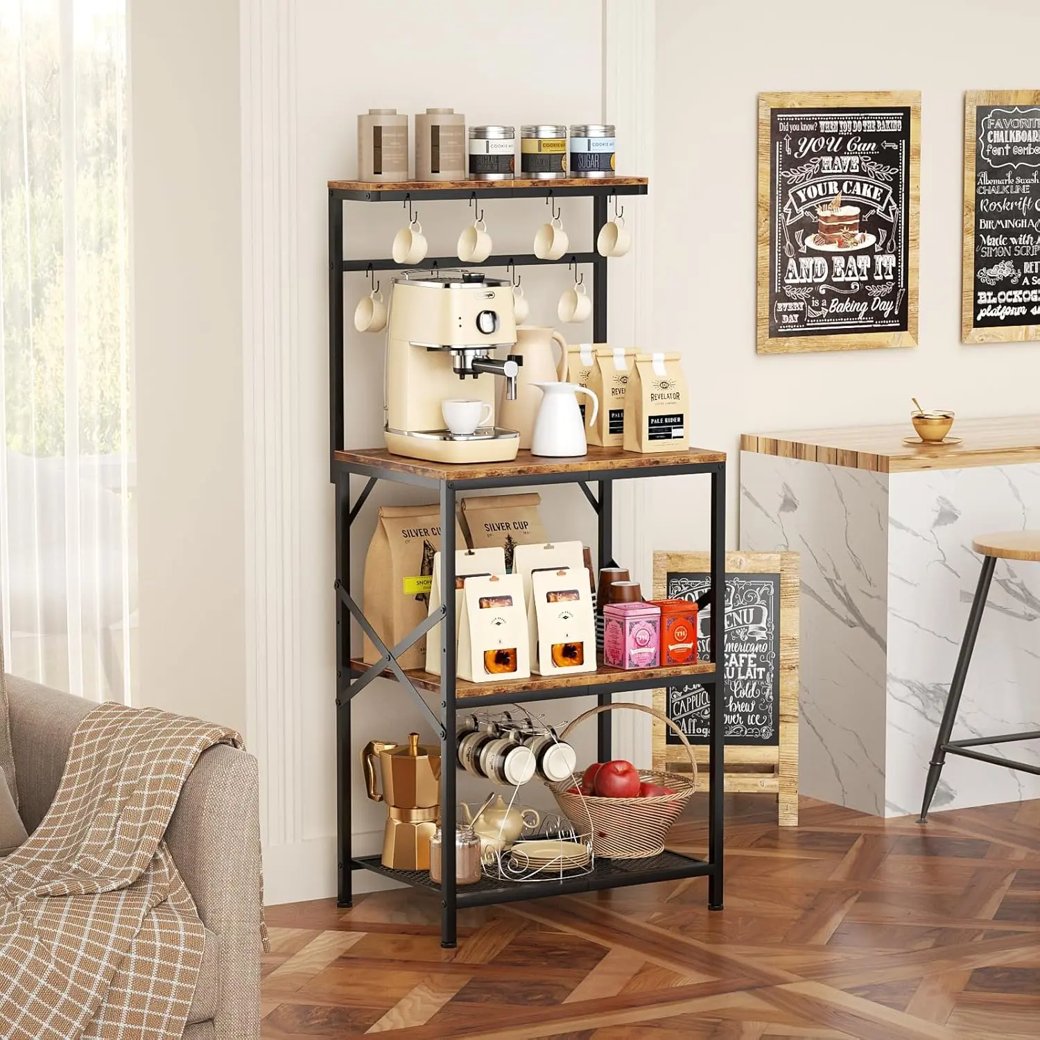 Bakers Rack with Storage Shelves, Small Coffee Bar Table with 8 Hooks, 4 Tiers Microwave Stand Station with Adjustable Shelves