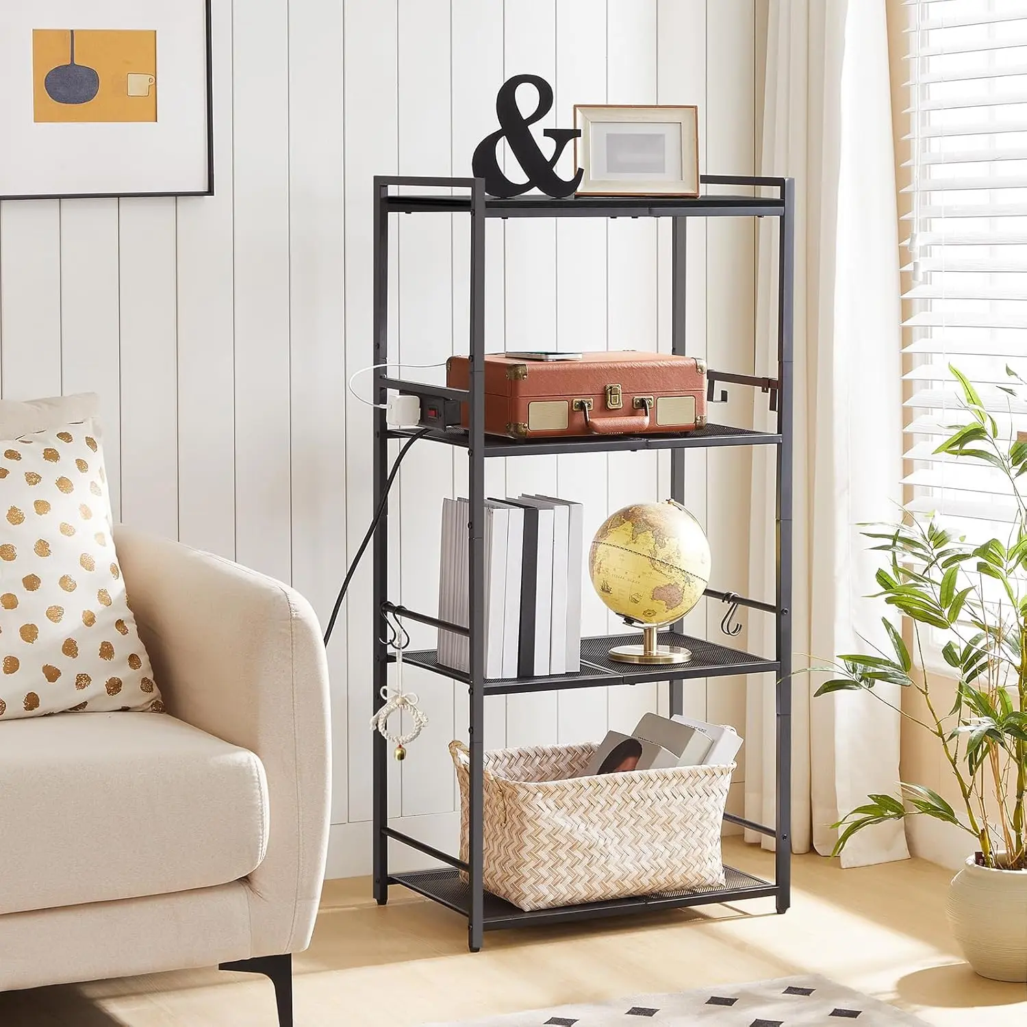 Bakers Rack with Power Outlet, Microwave Stand with Hooks, Multifunctional Storage Rack, Coffee Bar with Enclosure