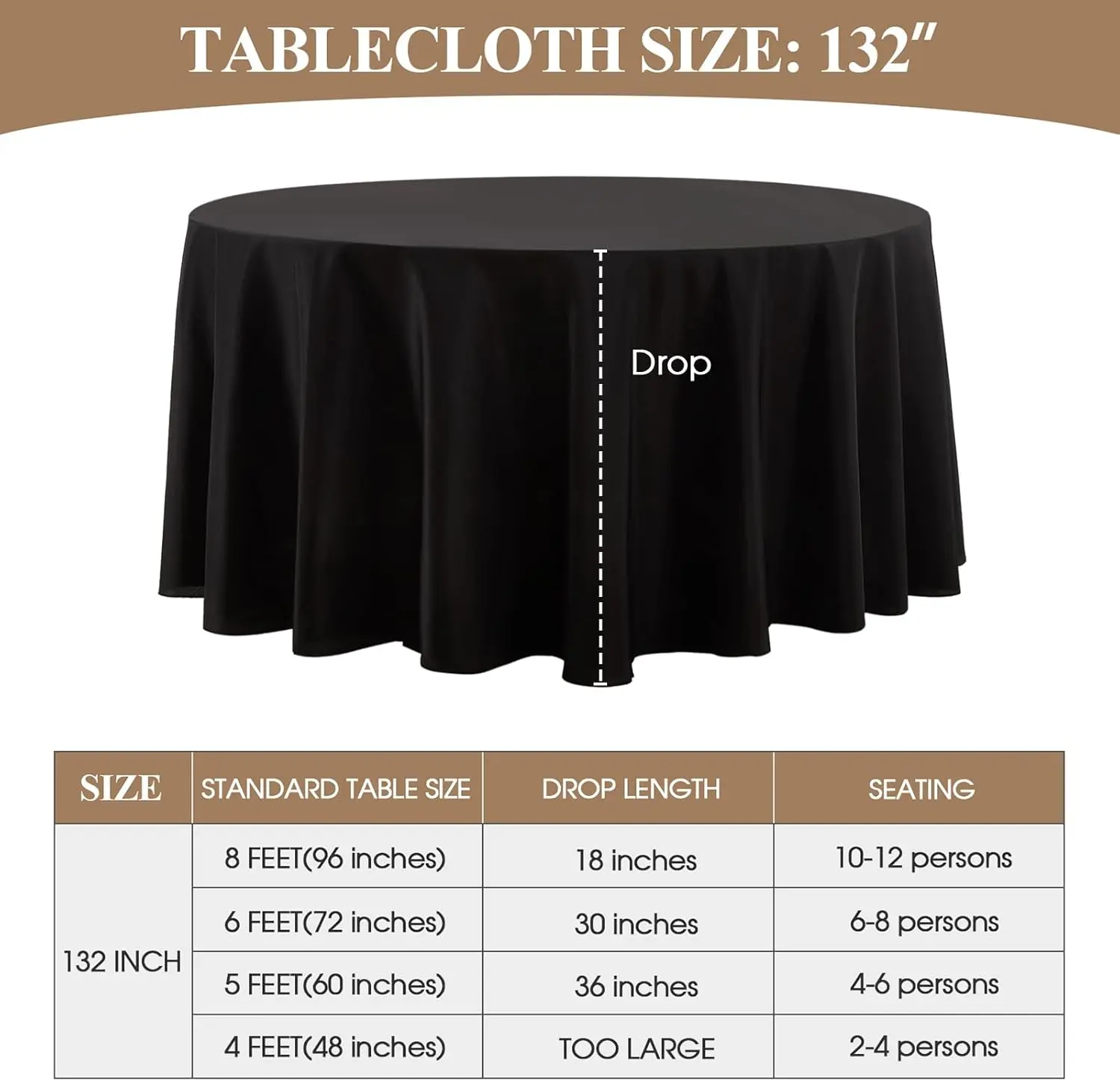Round Tablecloth 132 Inch 6 Pack Black Tablecloths Washable Decorative Linen Polyester Table Clothes Cover for Dining Table