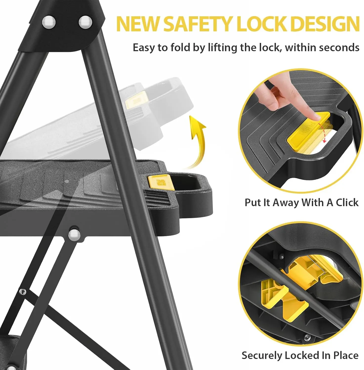 4 Step Ladder, Sturdy Steel Step Stool with Anti-Slip Wide Pedals, Handrail, Safe-Lock Design, Pass 800lbs Load Testing