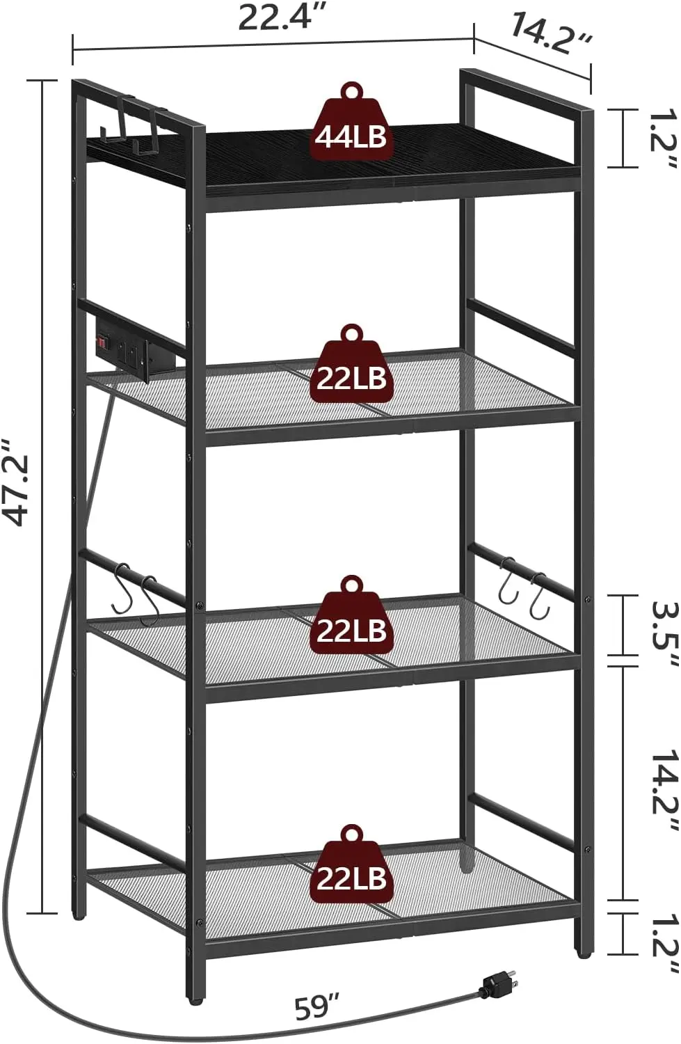 Bakers Rack with Power Outlet, Microwave Stand with Hooks, Multifunctional Storage Rack, Coffee Bar with Enclosure