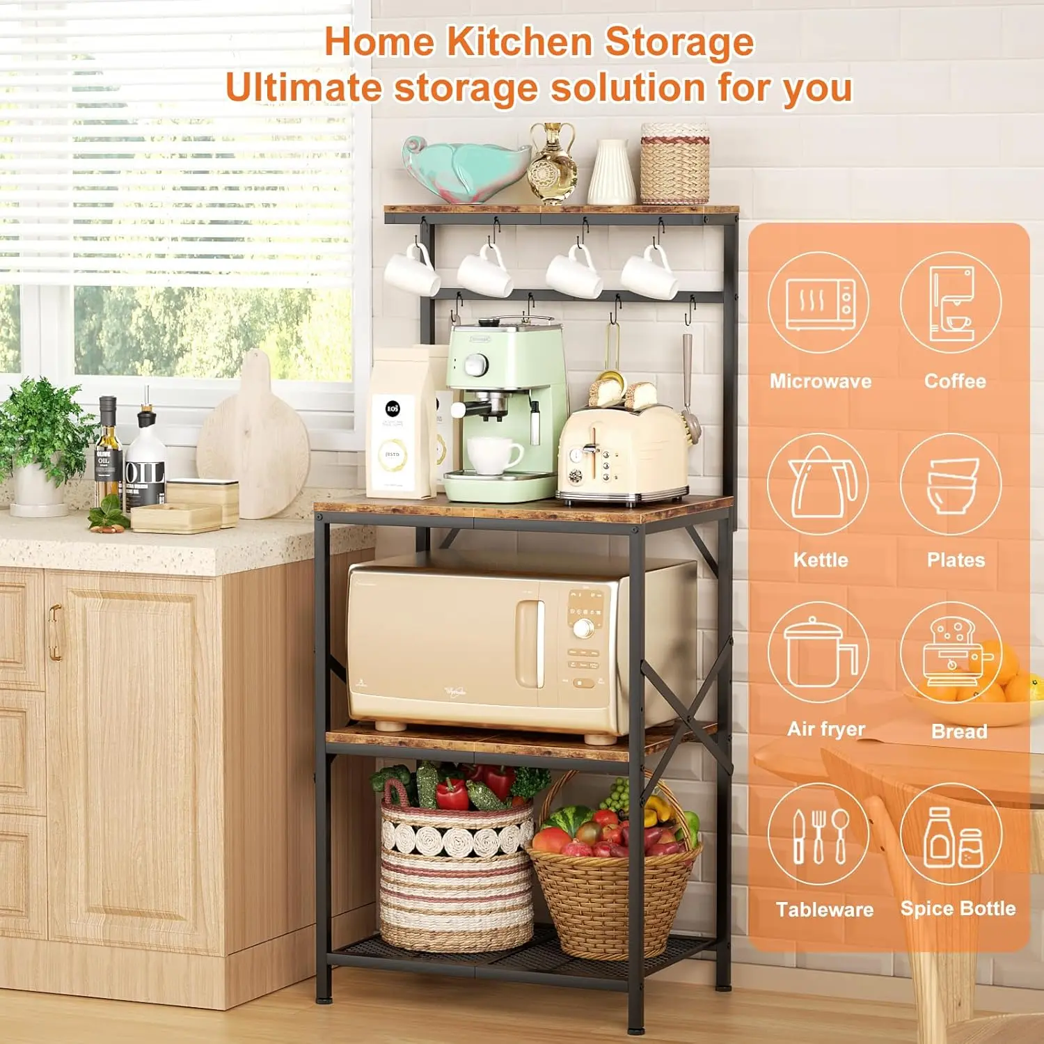 Bakers Rack with Storage Shelves, Small Coffee Bar Table with 8 Hooks, 4 Tiers Microwave Stand Station with Adjustable Shelves