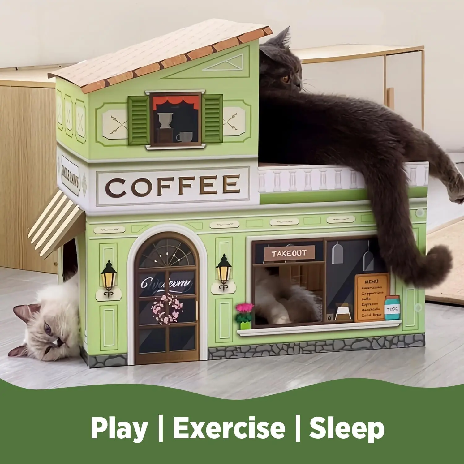 Cat Beds for Indoor Cats, Cardboard Cat House with Scratchers, Coffee Shop, Large Sturdy Cat Furniture Condo Cave Tent