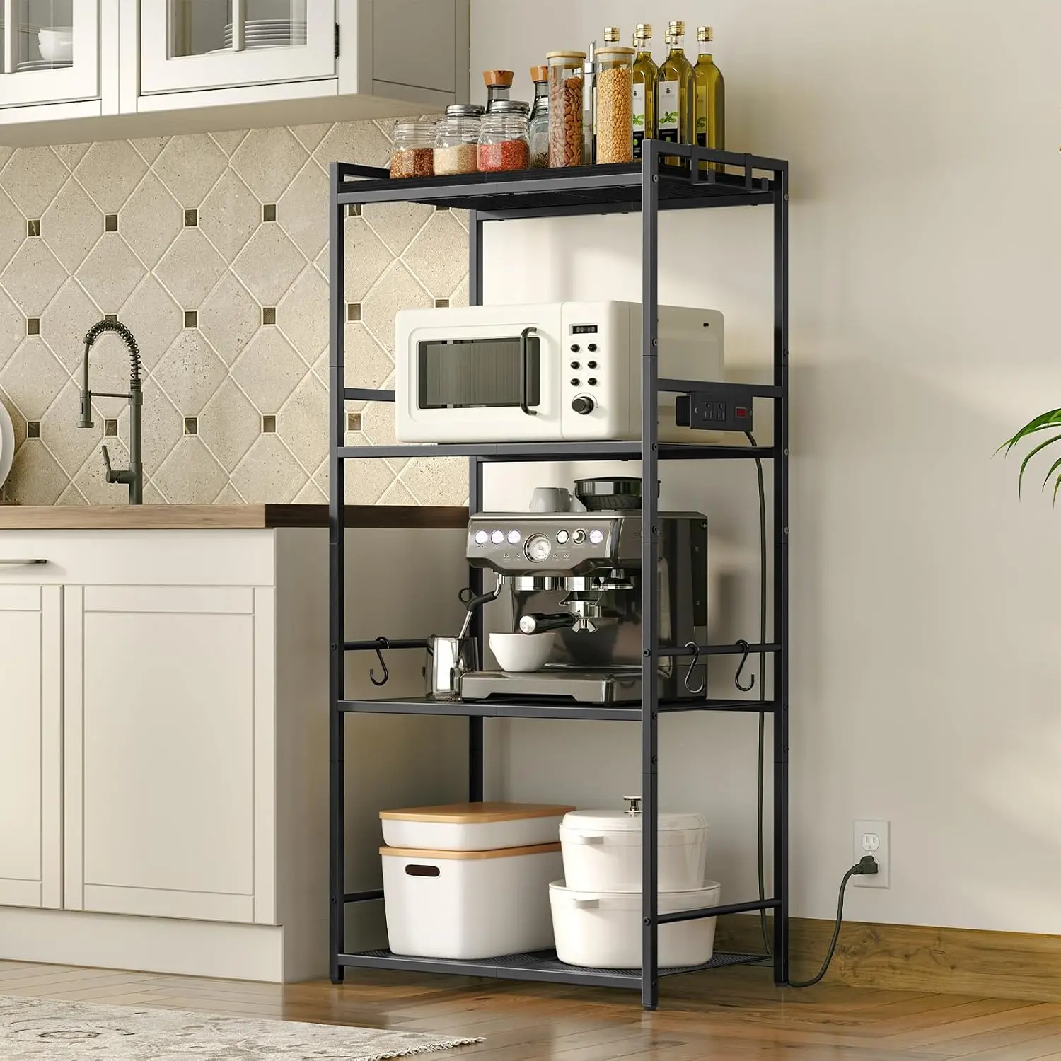 Bakers Rack with Power Outlet, Microwave Stand with Hooks, Multifunctional Storage Rack, Coffee Bar with Enclosure