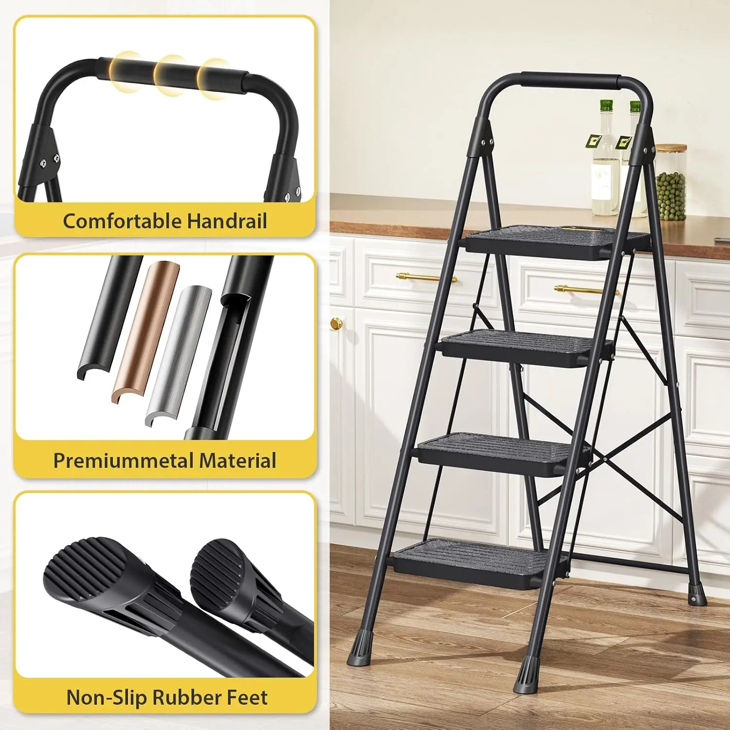 4 Step Ladder, Sturdy Steel Step Stool with Anti-Slip Wide Pedals, Handrail, Safe-Lock Design, Pass 800lbs Load Testing