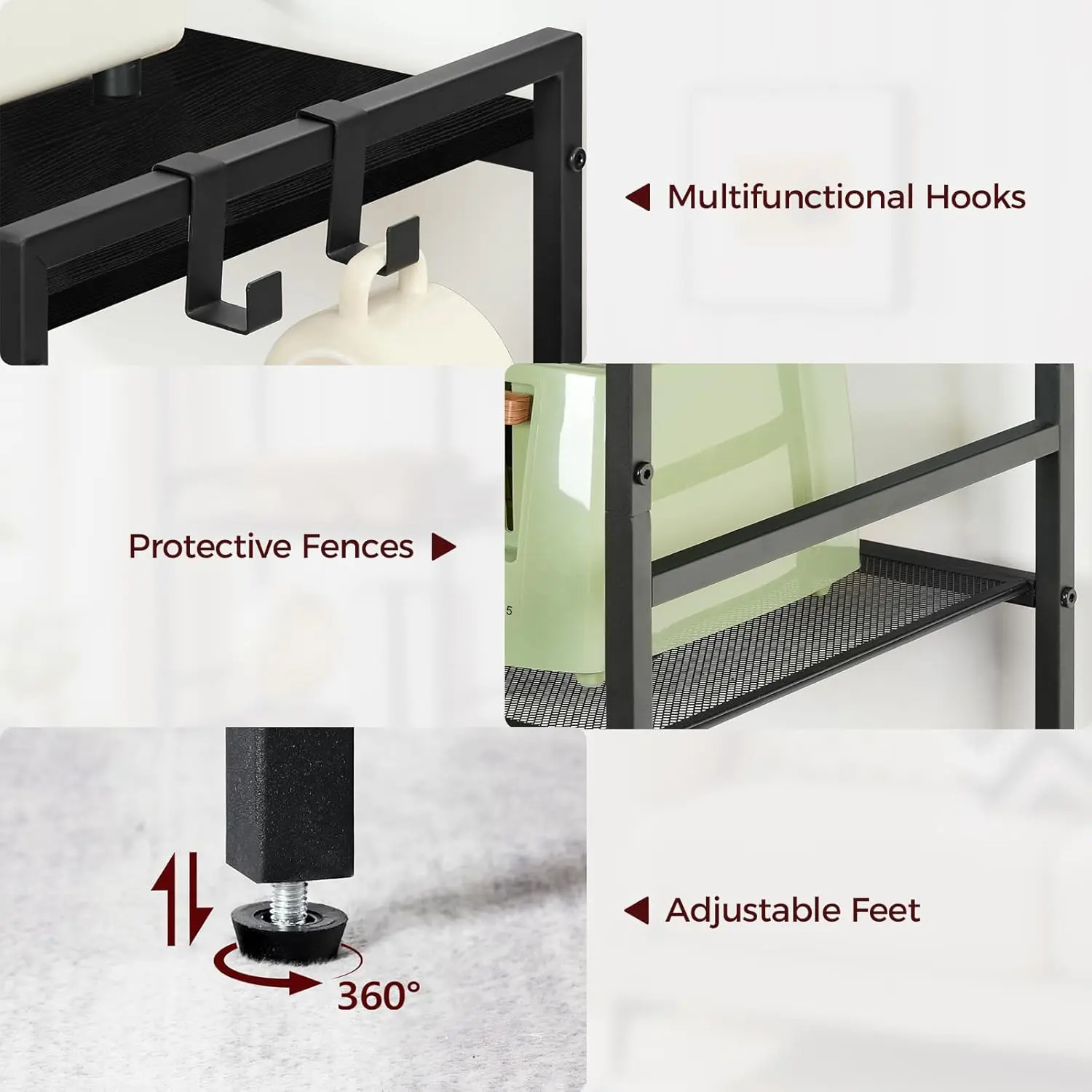 Bakers Rack with Power Outlet, Microwave Stand with Hooks, Multifunctional Storage Rack, Coffee Bar with Enclosure
