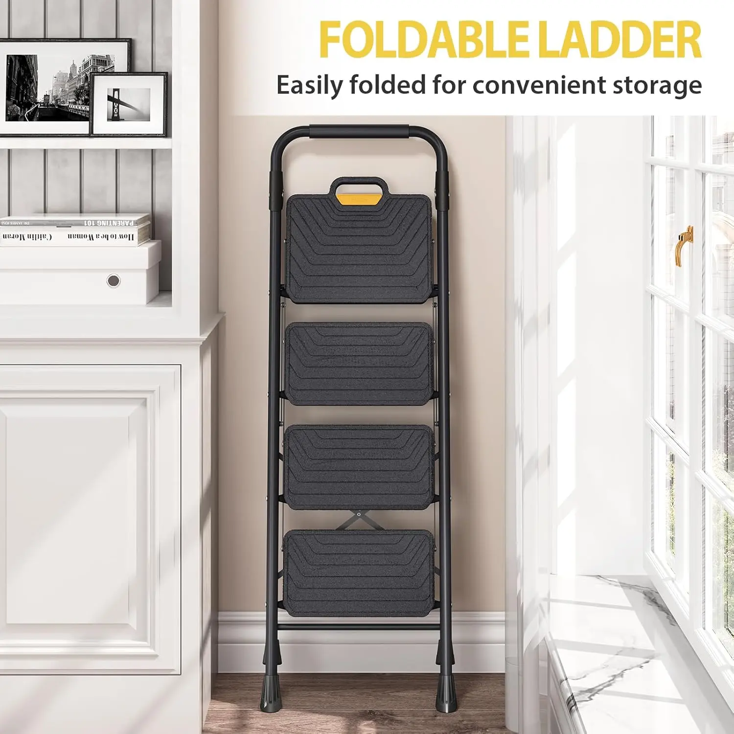 4 Step Ladder, Sturdy Steel Step Stool with Anti-Slip Wide Pedals, Handrail, Safe-Lock Design, Pass 800lbs Load Testing