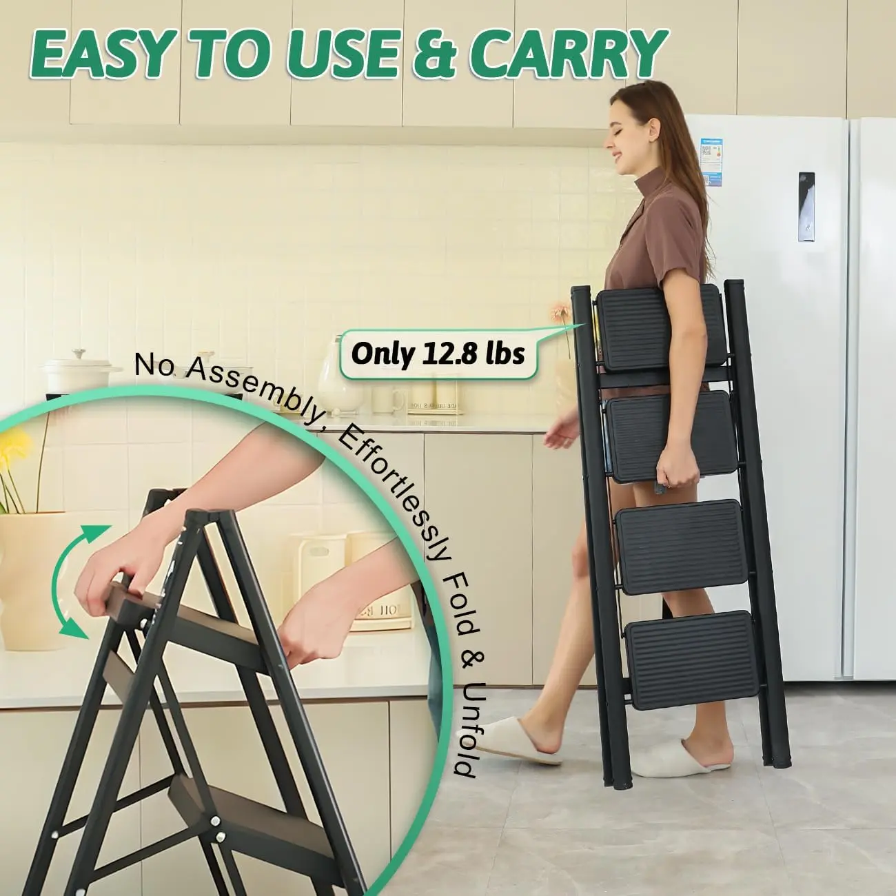 4 Step Ladder Folding Step Stool, Heavy Duty 330 Lbs Load Step Ladders for Home, Tall Kitchen/Closet Stepladder for Adults