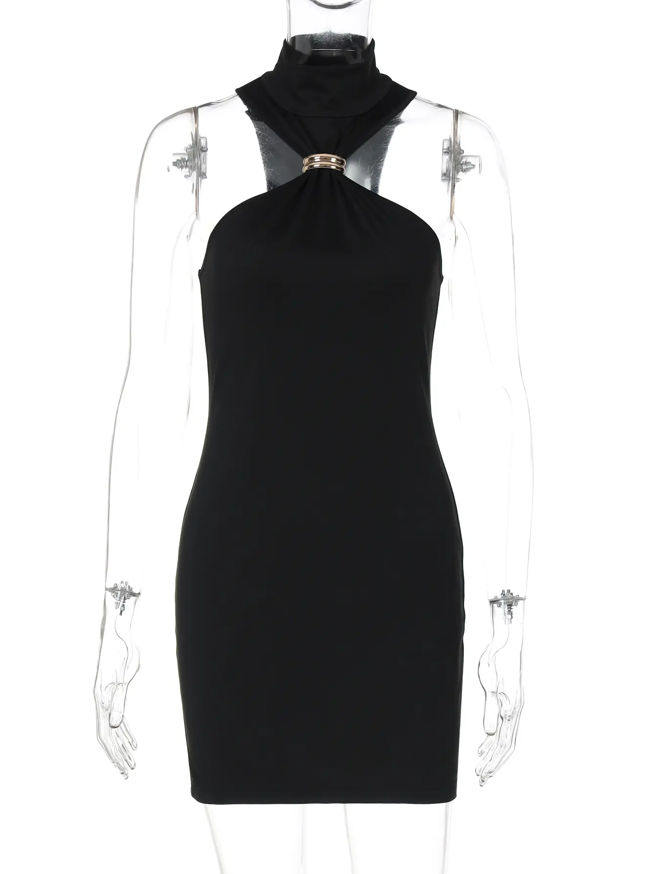 Hugcitar Summer Elegant Solid Turtleneck Sleeveless Loops Hollow Out Sexy Mini Dress Zipper Y2K Women Clothes Party Vacation