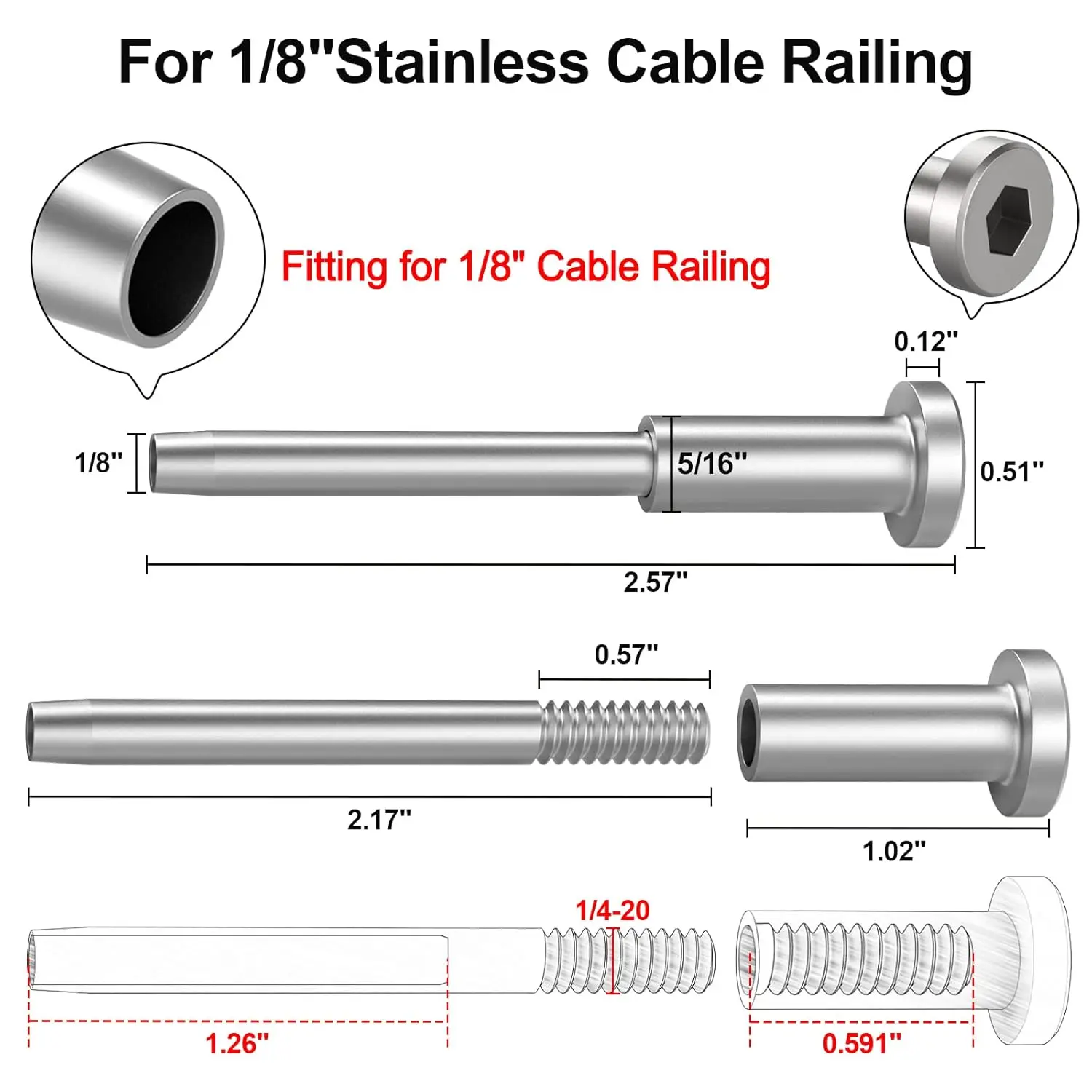 50 Pack Invisible Cable Railing kit, T316 Stainless Steel 1/8" Invisible Receiver and Swage Stud End for Cable Railing