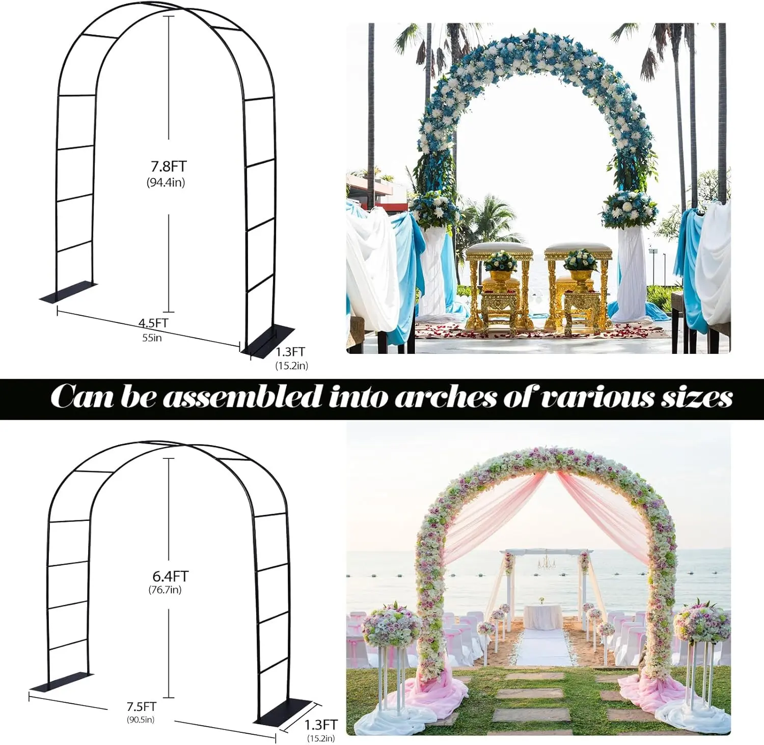 Thickened Rustproof Garden Arch, Wedding Arch- 4.6 * 7.8 or 6.4 * 7.5Ft, Easy to Assemble, Long Lasting and Durable