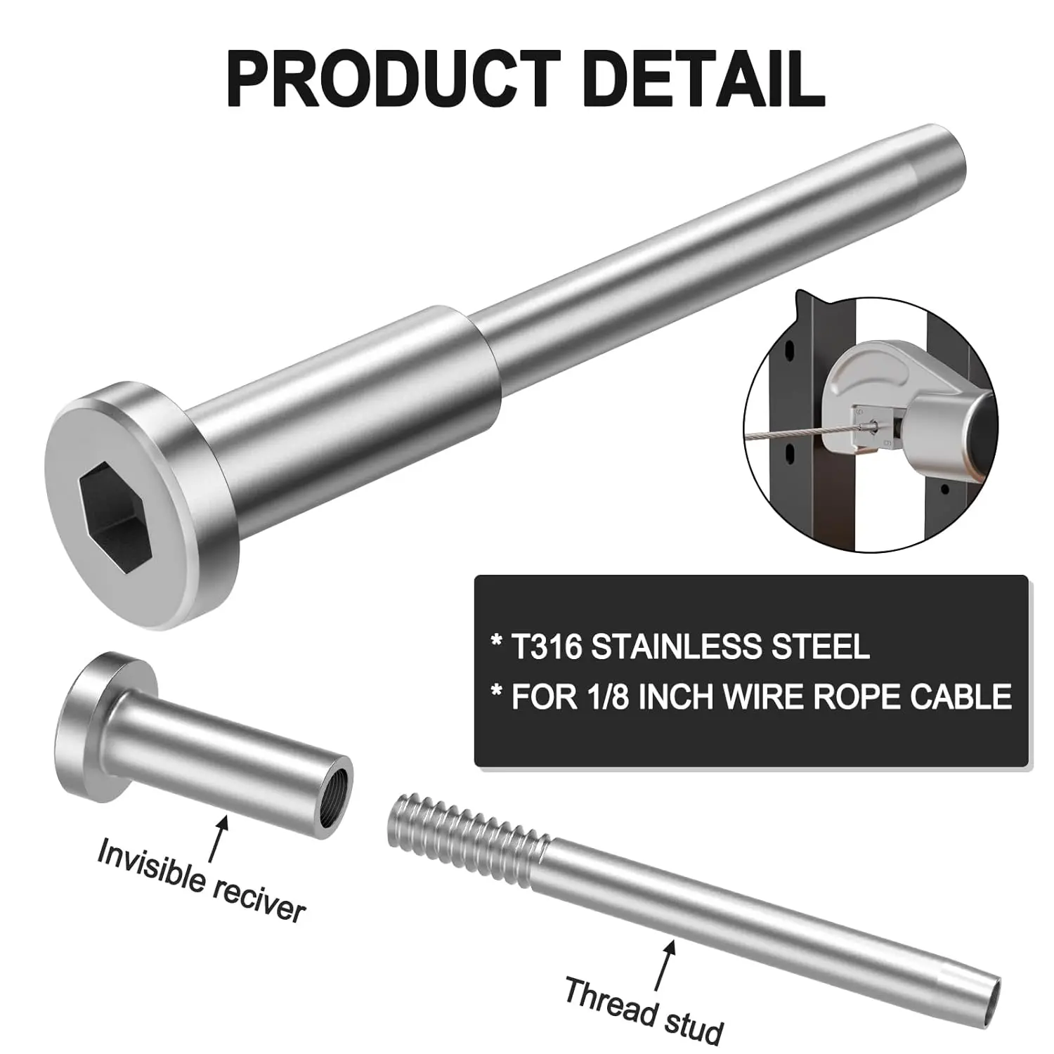50 Pack Invisible Cable Railing kit, T316 Stainless Steel 1/8" Invisible Receiver and Swage Stud End for Cable Railing