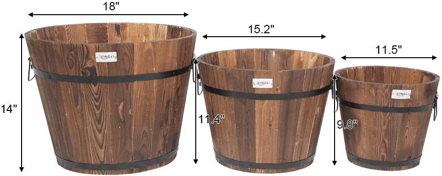 3 PCS Large Wooden Planter Barrel Set, 11.5"(Dia)- 18"(Dia) Real Wood Indoor/Outdoor Flower Pot w/Drainage Holes