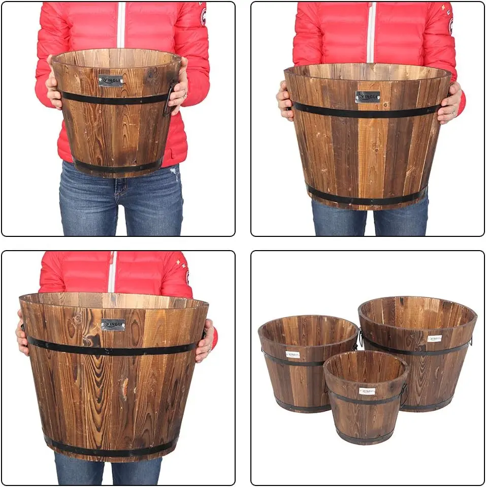 3 PCS Large Wooden Planter Barrel Set, 11.5"(Dia)- 18"(Dia) Real Wood Indoor/Outdoor Flower Pot w/Drainage Holes