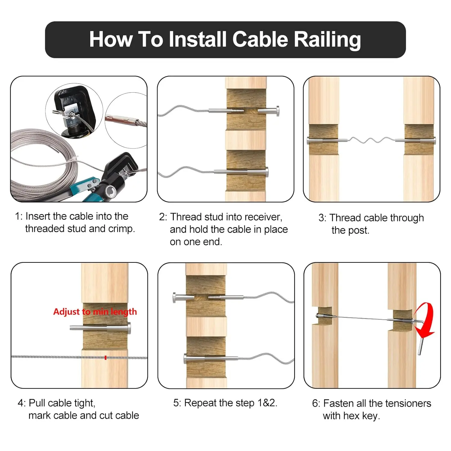 50 Pack Invisible Cable Railing kit, T316 Stainless Steel 1/8" Invisible Receiver and Swage Stud End for Cable Railing