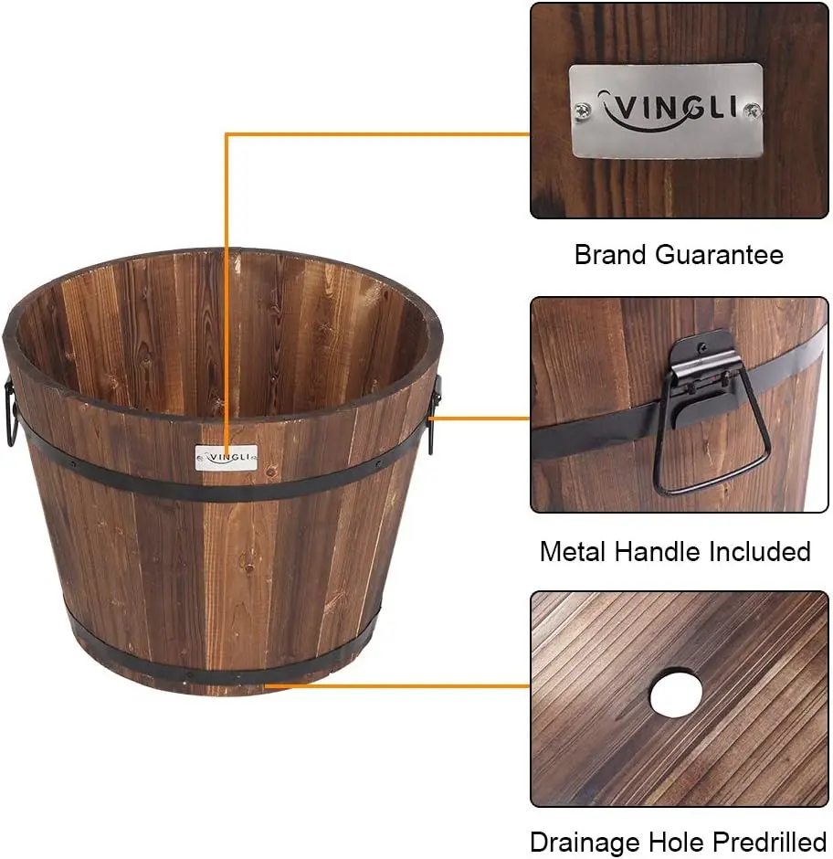 3 PCS Large Wooden Planter Barrel Set, 11.5"(Dia)- 18"(Dia) Real Wood Indoor/Outdoor Flower Pot w/Drainage Holes