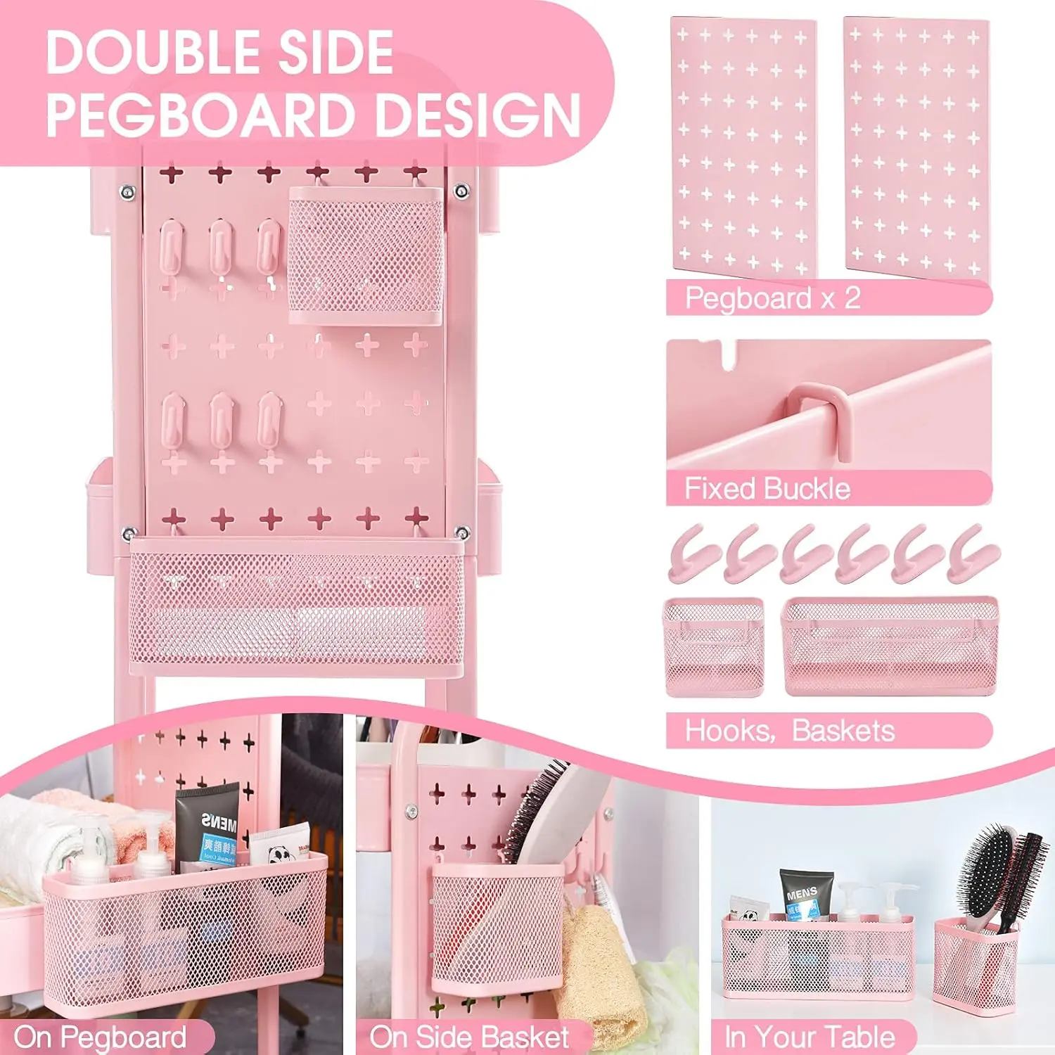 3-Tier Rolling Cart, Metal Utility Storage Cart with DIY Pegboards, Art Craft Trolley with Baskets Hooks, Organizer Serving