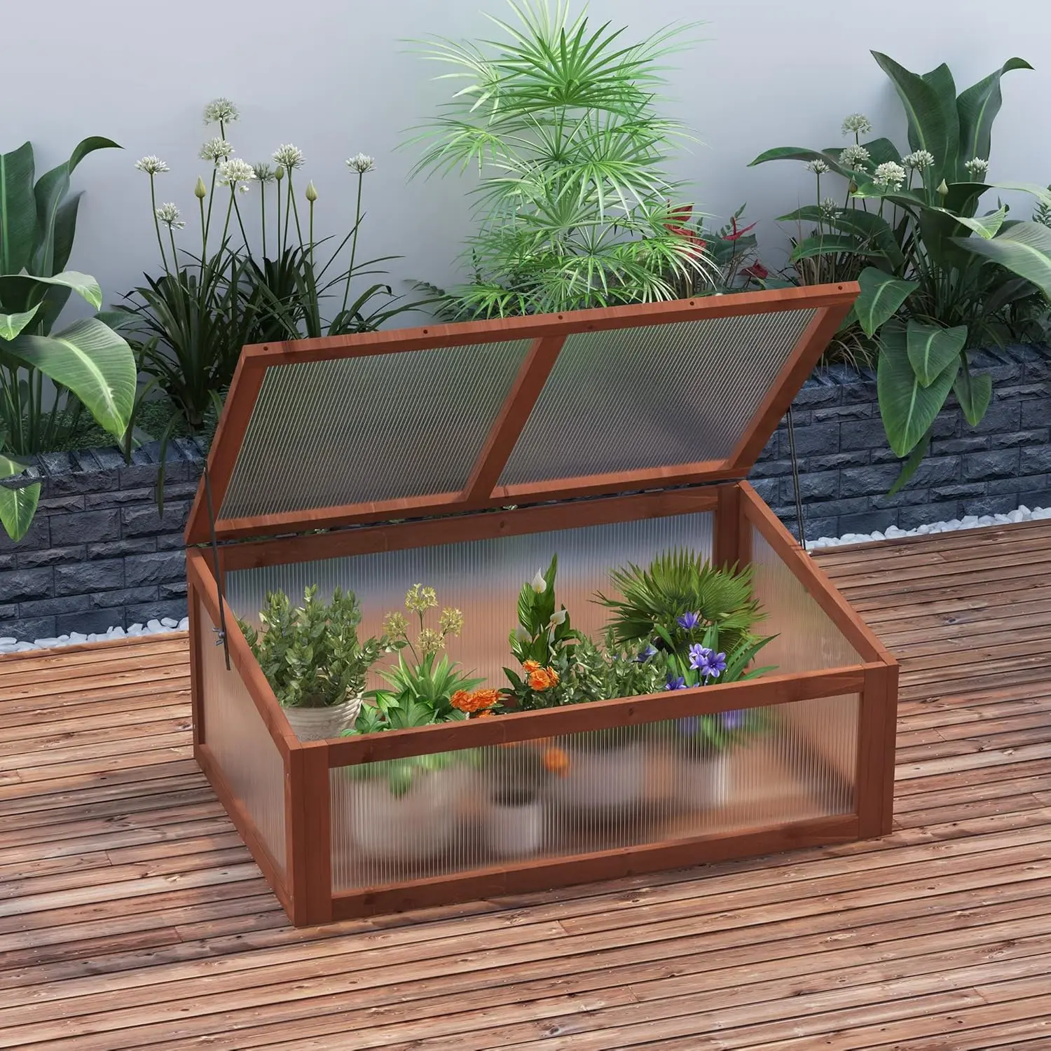 Wooden Cold Frame Greenhouse, Mini Greenhouse with Polycarbonate Board and Solid Wood Frame, Green House Cold Frame