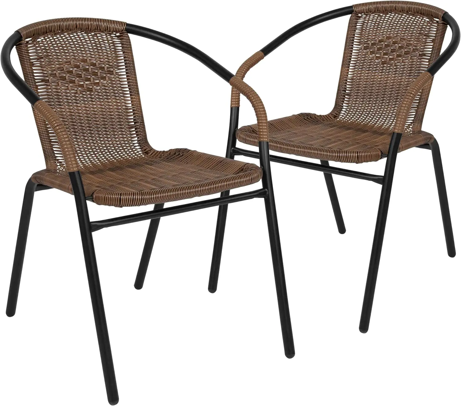 2 Pack Medium Brown Rattan Indoor-Outdoor Restaurant Stack Chair with Curved Back
